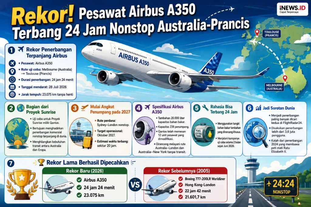 Rekor Penerbangan Terpanjang, Pesawat Airbus A350 Terbang 24 Jam Nonstop Australia-Prancis