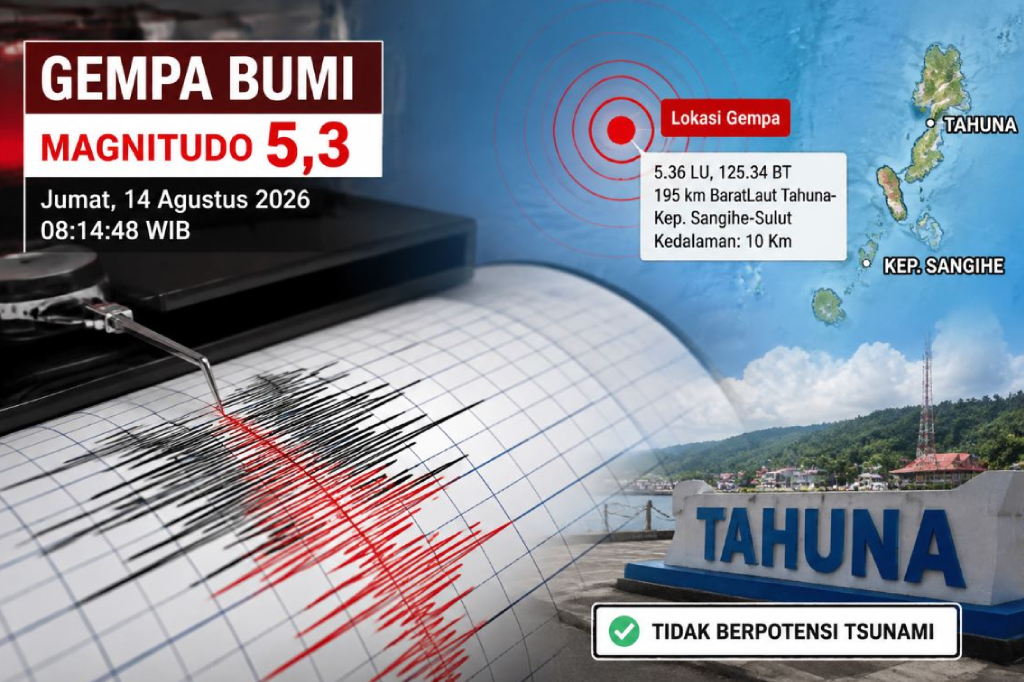 BMKG: Gempa Besar Magnitudo 5,3 di Tahuna Sulut Tidak Berpotensi Tsunami