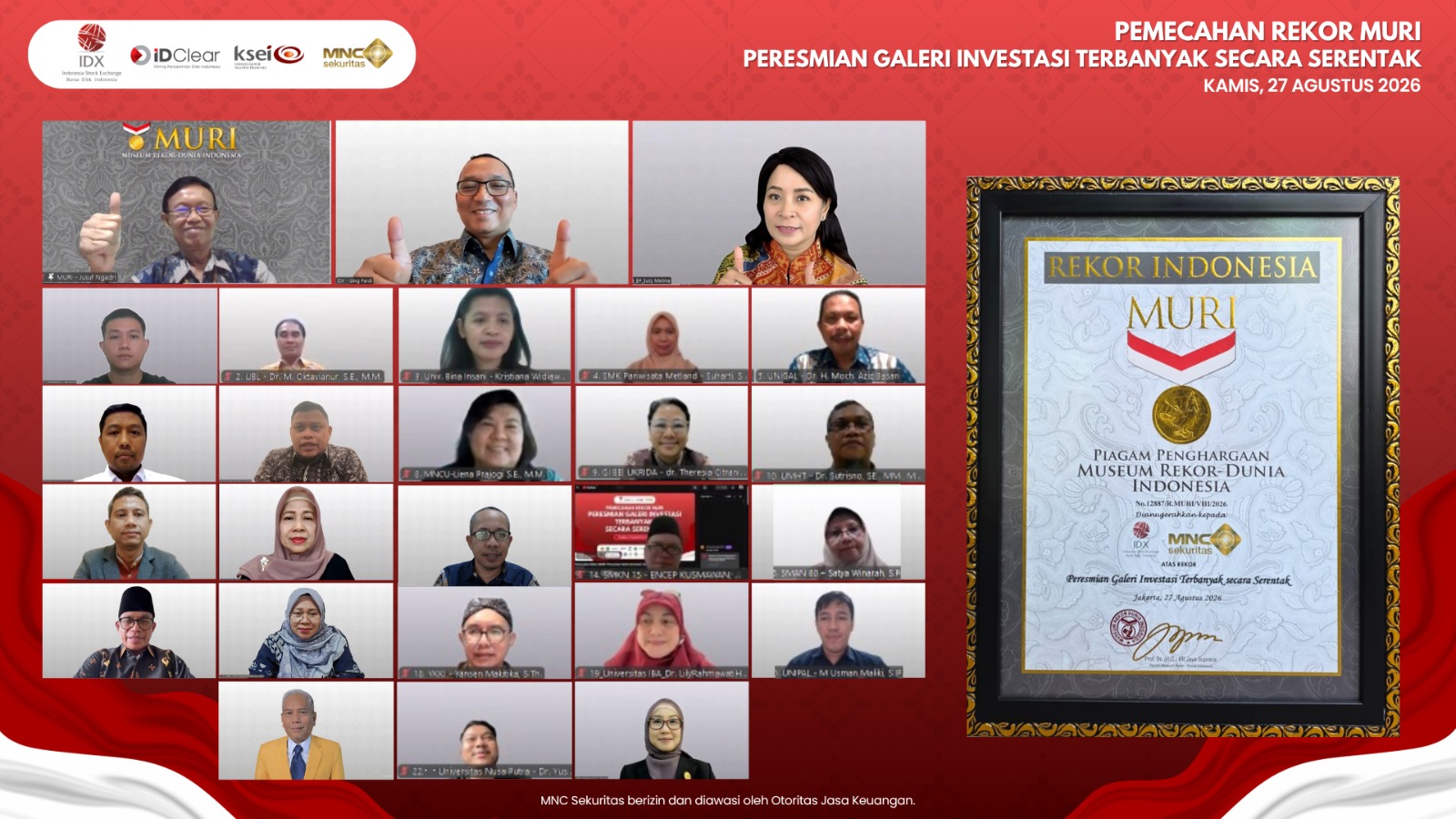 BEI dan MNC Sekuritas Pecahkan Rekor MURI Peresmian Galeri Investasi Terbanyak secara Serentak