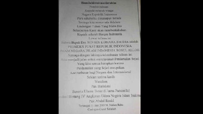 Selembaran Sensen Komara sebagai Presiden dan Rasul Beredar di Garut