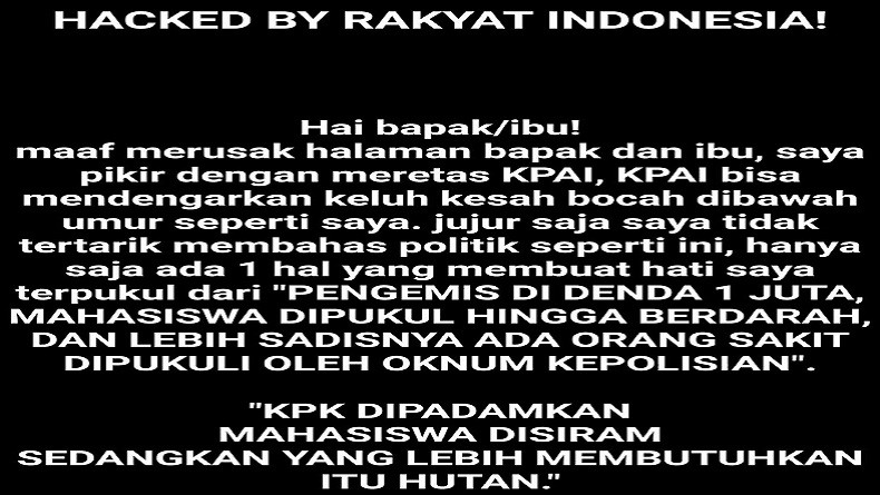 Situs KPAI Diretas, Ada Pesan HACKED BY RAKYAT INDONESIA!