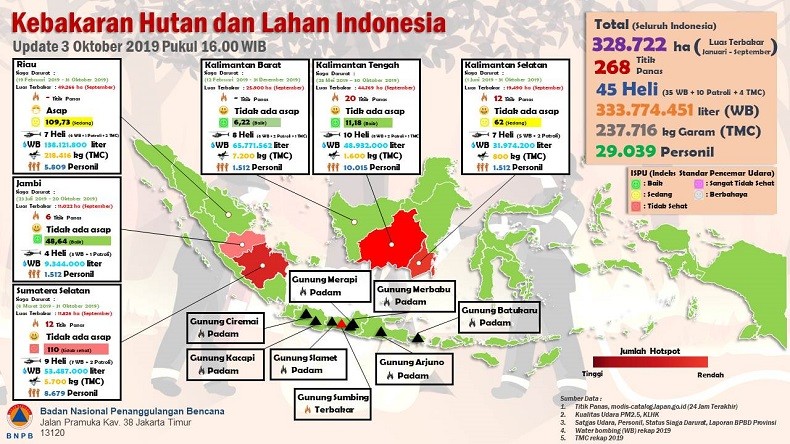 BNPB: Hujan Turun, Titik Api Padam dan Kualitas Udara Membaik