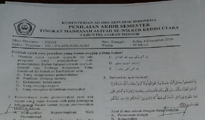 Beredar Soal Ujian Semester Madrasah Aliah di Kediri Memuat Khilafah