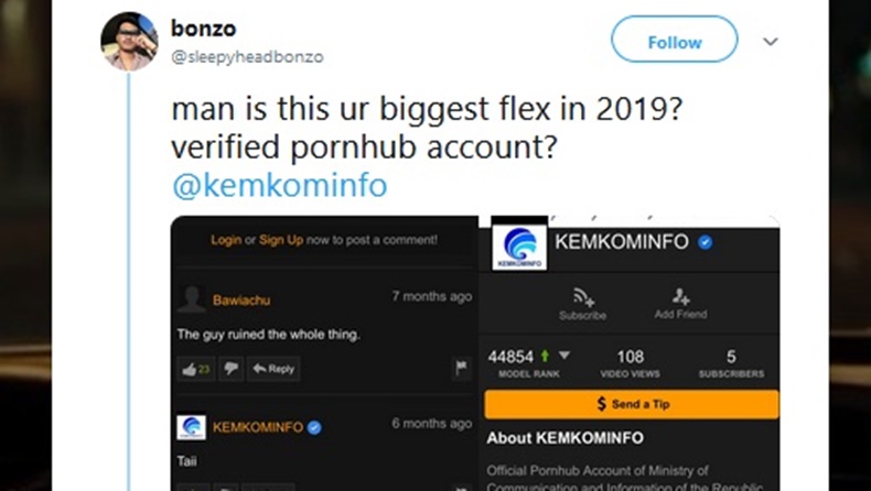 Waduh, Akun Kemkominfo Muncul di Laman Pornhub