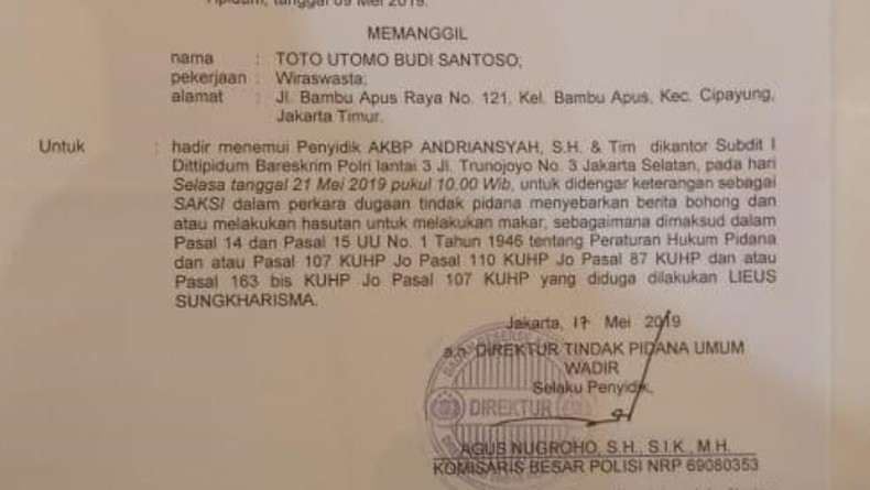 Bareskrim Besok Periksa Adik Djoko Santoso terkait Tuduhan Makar Lieus