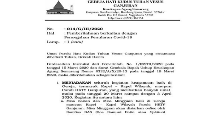 Cegah Virus Korona, Gereja Ganjuran Yogyakarta Tiadakan Misa