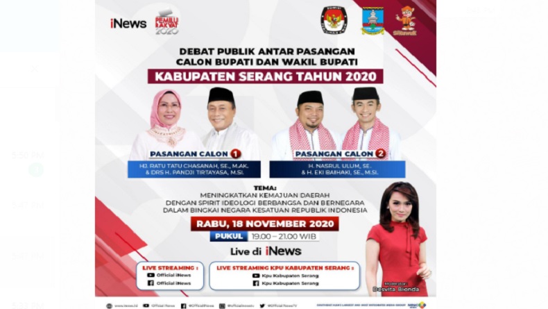 Live di iNews Rabu Besok Pukul 19.00, Saksikan Debat Publik Calon Bupati Serang