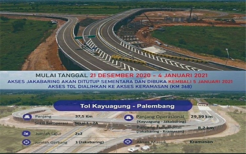 Mulai 21 Desember, Gerbang Tol Jakabaring Palembang Ditutup