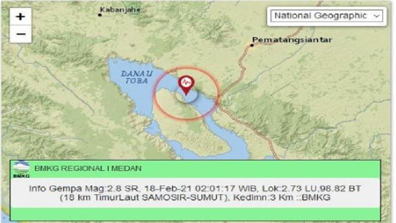 Samosir 3 Kali Diguncang Gempa Malam Ini, Paling Kuat Magnitudo 2,1