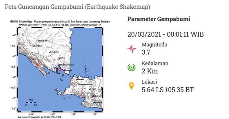 Gempa Bumi Bermagnitudo 3,7 Guncang Lampung, Kedalaman 2 Km