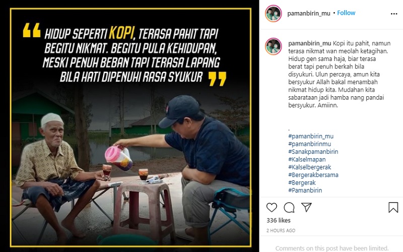 Lama Tak Unggah Status, Cagub Kalsel Sahbirin Noor: Hidup Seperti Kopi, Terasa Pahit