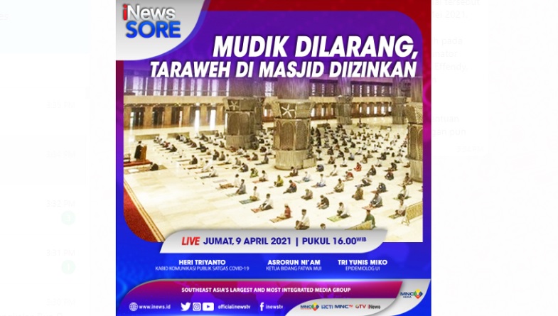 Alhamdulillah! Tarawih di Masjid Diizinkan meski Mudik Dilarang, Cek di iNews Sore Pukul 16.00 WIB 