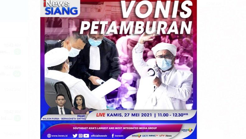 Sidang Vonis Habib Rizieq Hari Ini! Selengkapnya di iNews Siang Kamis Pukul 11.00 WIB