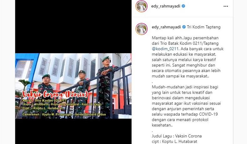 Unggah Lagu Vaksin Corona Karya Trio Batak Kodim Tapteng, Edy Rahmayadi: Mantap Kali Ah