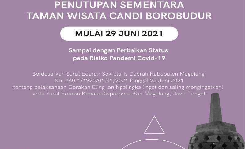 Cegah Penyebaran Covid-19, Taman Wisata Candi Borobudur Kembali Ditutup