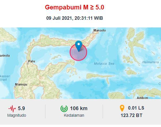 Gempa Terkini M 5,9 Guncang Bolsel Sulut, BMKG: Tidak Berpotensi Tsunami