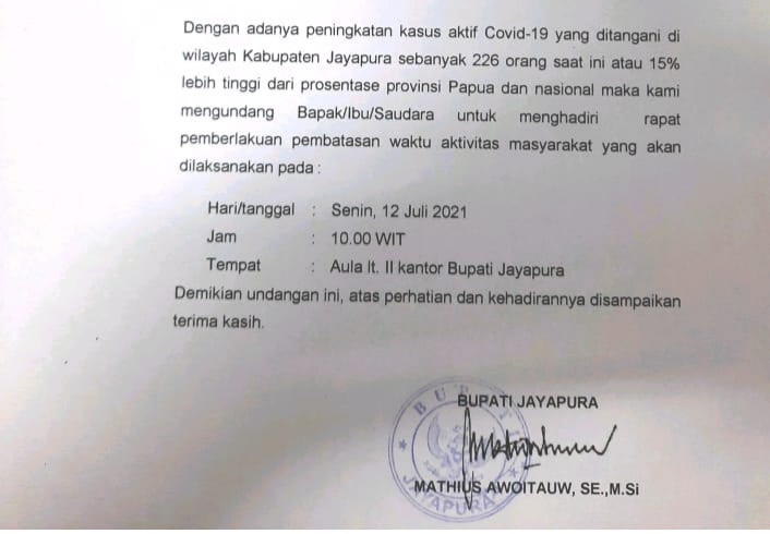 PPKM di Kabupaten Jayapura Mulai Berlaku, Semua Aktivitas Wajib Tutup Pukul 18.00