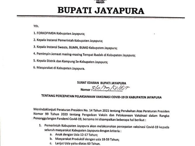 Bupati Jayapura Terbitkan Surat Edaran Percepatan Pelaksanaan Vaksinasi Covid-19