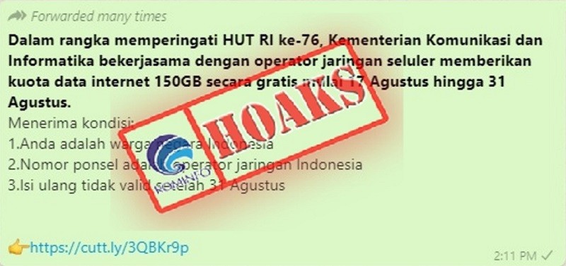 Hati-hati, Beredar Hoax Kemenkominfo Beri Kuota Internet 150GB Gratis  