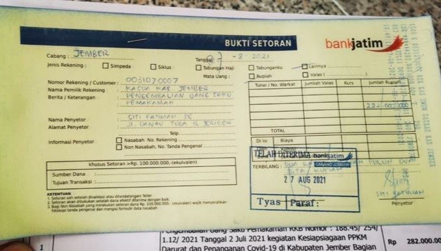  Empat Pejabat Kabupaten Jember Kembalikan Honor Pemakaman Covid-19 ke Kas Daerah, Nilainya Rp282 Juta 