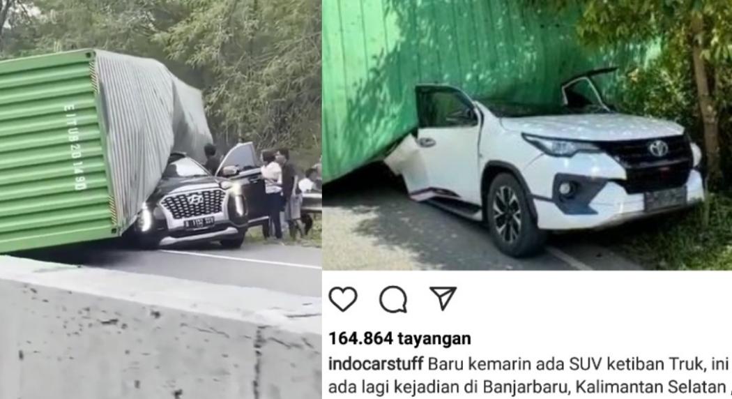 Misteri 2 Mobil SUV Hyundai Palisade dan Toyota Fortuner Tertimpa Truk Kontainer Berwarna Hijau 