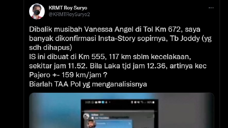Roy Suryo Analisis Instagram Story Sopir Vanesa Angel, Kecepatan Mobil 159 Km per Jam
