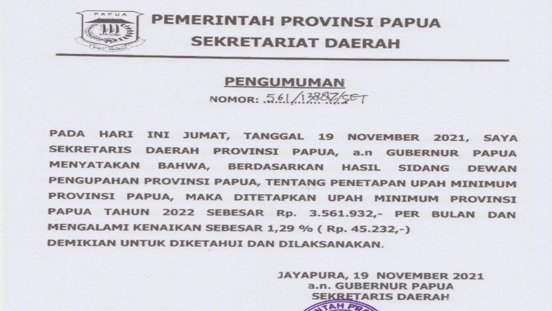 UMP Papua 2022 Naik 1,29 Persen Jadi Rp3.561.932