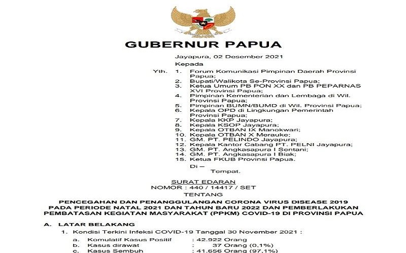 Pemprov Papua Terbitkan Surat Edaran PPKM jelang Natal dan Tahun Baru, Ini Rinciannya