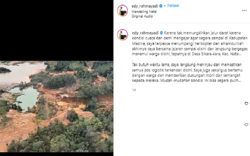 Edy Rahmayadi Bagikan Pantauan Udara Pascabanjir Madina, Sejumlah Wilayah Longsor