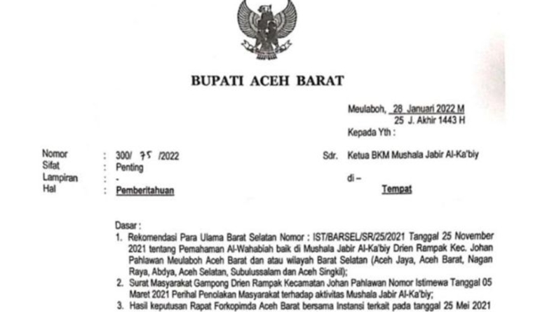 Catat! Pemkab Aceh Barat Larang Seluruh Kegiatan Aliran Wahabi Salafi
