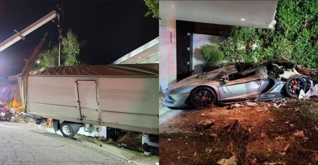 Truk Tabrak Rumah Mewah, Lamborghini Aventador dan Bentley Hancur Tertimpa Kontainer