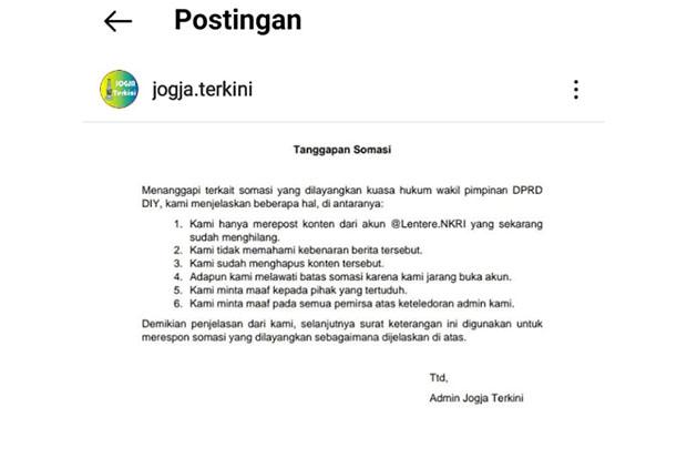  Terancam Dipidana, Admin Akun Instagram @jogja.terkini Akhirnya Minta Maaf 