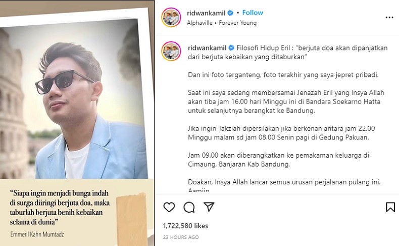 Ridwan Kamil Ungkap Filosofi Hidup Eril, Unggah Foto Terakhir Hasil Jepretan Pribadi