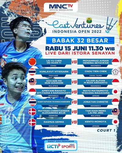 Hari Ini! Jonatan Christie Dkk Beraksi di Babak 32 Besar Indonesia Open 2022, LIVE MNCTV