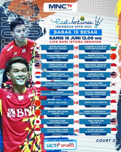 Saksikan! 10 Laga Babak 16 Besar East Ventures Indonesia Open 2022, Live di MNCTV