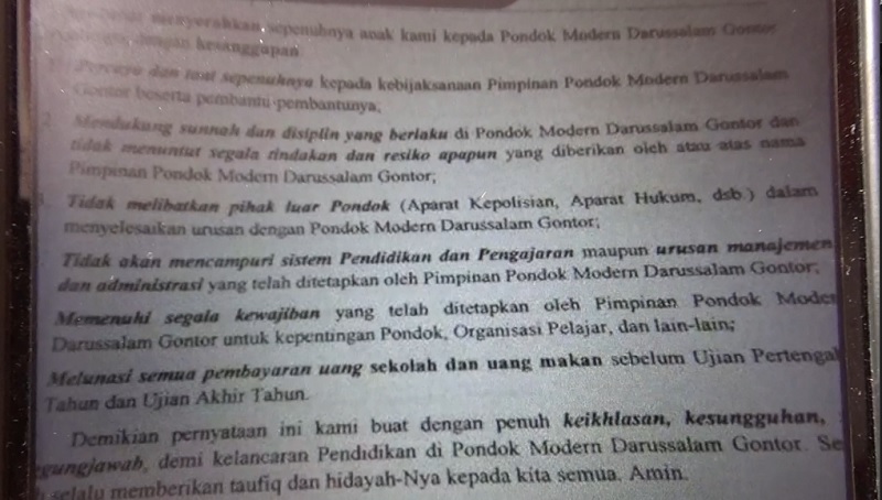 Viral Surat Perjanjian Tak Lapor Polisi bila Terjadi Sesuatu pada Santri Gontor