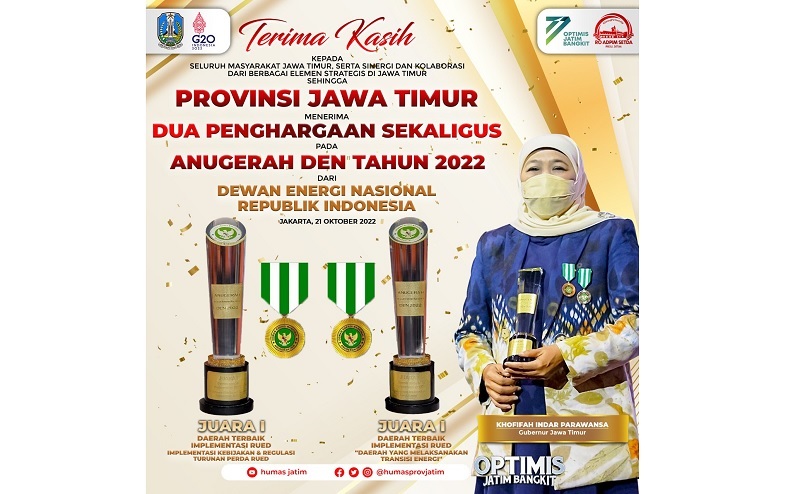 Pemprov Jatim Borong Dua Penghargaan Terbaik Anugerah Dewan Energi Nasional 2022