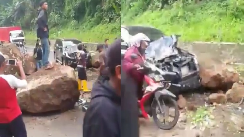 Ngeri, Batu Besar Berjatuhan dari Tebing Timpa 2 Mobil di Cadas Pangeran Sumedang