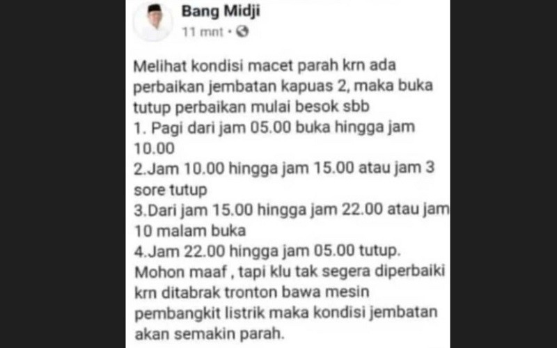 Beredar Hoaks Penutupan Jembatan Kapuas 2, Catut Nama Gubernur Kalbar