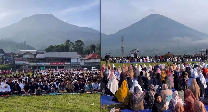 Viral, Warga Salat Idul Fitri dengan Pemandangan Menakjubkan Dua Gunung Api di Jawa Tengah