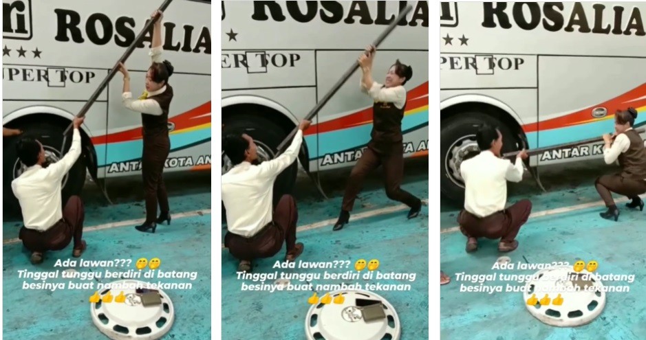 Viral Pramugari PO Rosalia Indah Susah Payah Ganti Ban Bus, Netizen: Enggak Tega Lihatnya