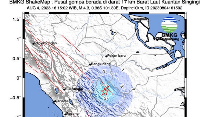 Gempa Terkini M4,3 Guncang Kuansing Riau, Terasa Kuat di Solok Skala III-IV MMI