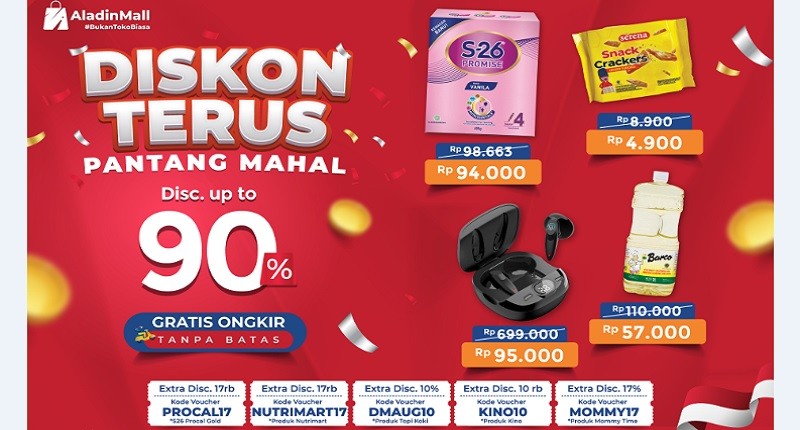 Big Sale! Kejar Diskon Terus Pantang Mahal Diskon s.d 90% + Gratis Ongkir di AladinMall