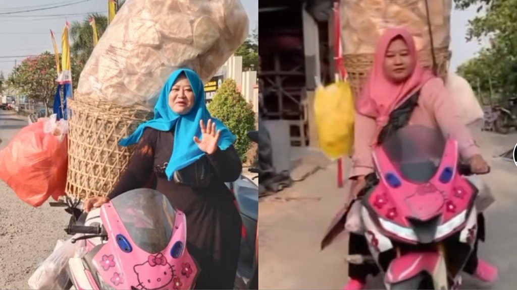 Viral Emak-Emak Jualan Kerupuk Pakai Motor Sport Pink Hello Kitty