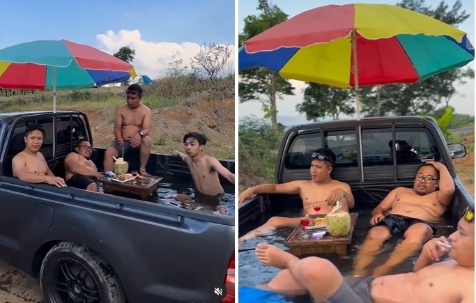 Viral Bapak-Bapak Kumpul Jadikan Mobil Pikap Kolam Renang, Serasa Liburan di Pantai