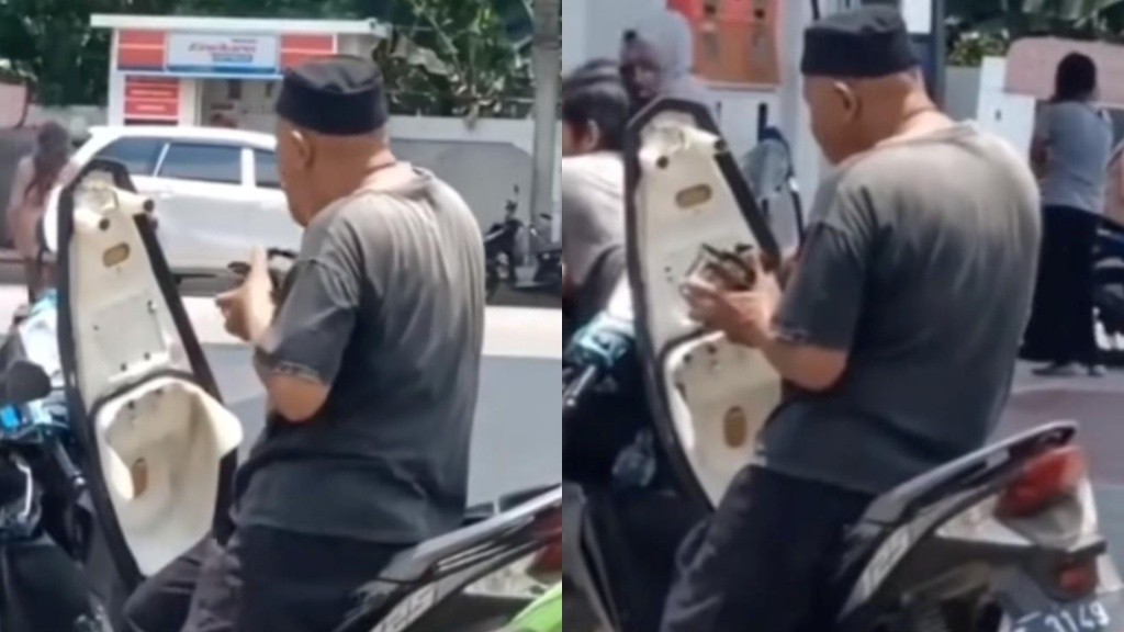 Nyeleneh, Pria Ini Ikut Antre Panjang di SPBU Sambil Makan Siang