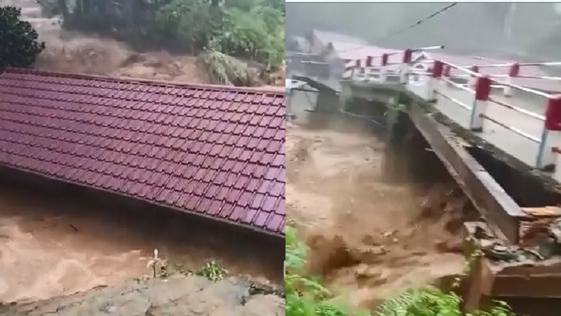 Detik-Detik Banjir Bandang Terjang Madina, Potongan Kayu Hantam Jembatan hingga Roboh