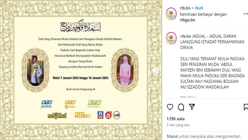 Akad Nikah Pangeran Mateen dan Anisha Rosnah Digelar Siang Ini, Bisa Ditonton dari Sini