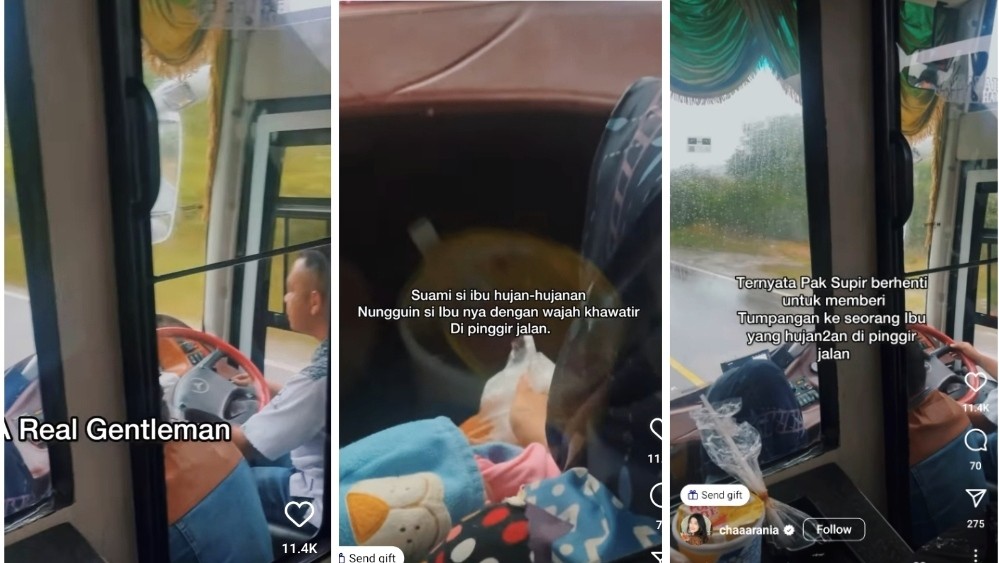 Bikin Meleleh, Sopir PO NPM Beri Tumpangan Ibu-Ibu Gendong Bayi yang Kehujanan di Jalan