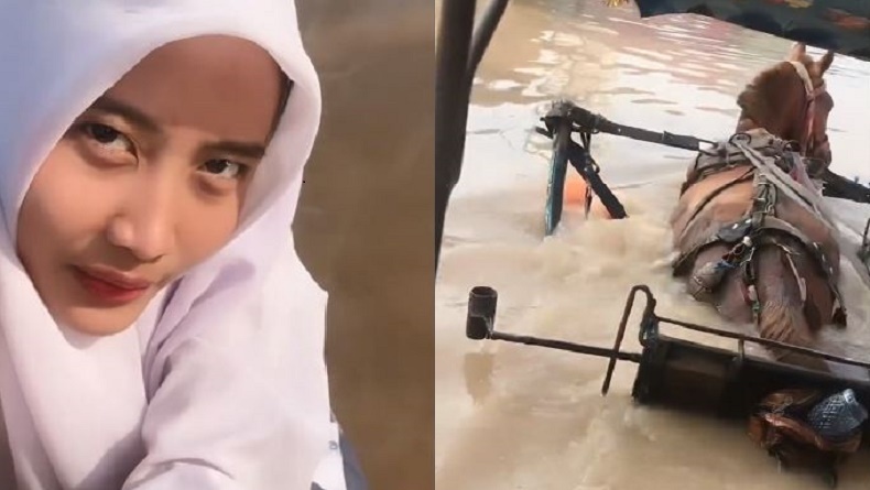 Viral Video Perjuangan Siswi SMA Terjang Banjir Naik Delman demi Sekolah